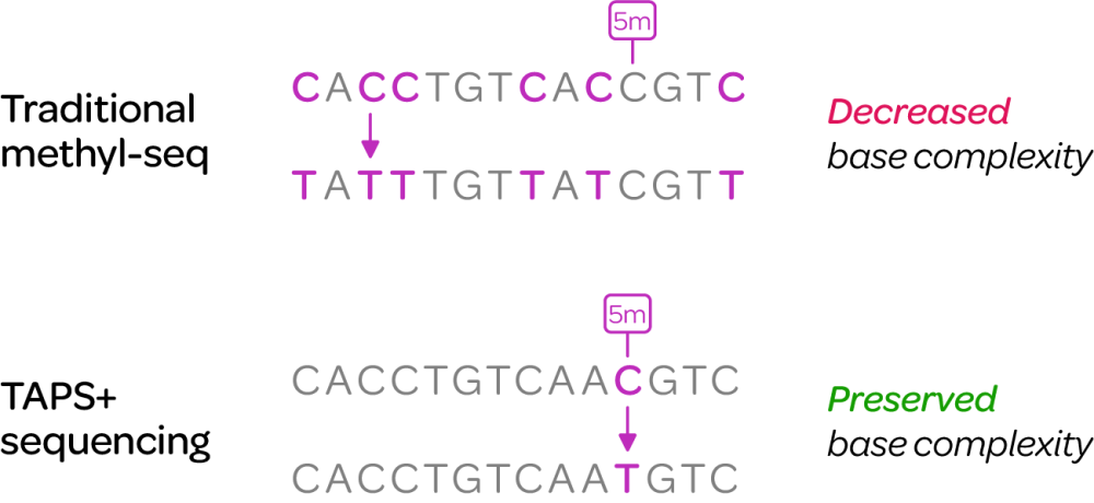 Comparison of Traditional methyl-seq vs TAPS+ sequencing showing base complexity